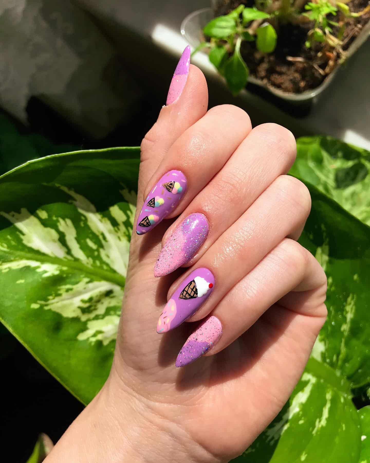 17. Lavender Cone & Glitter Almond Nails - ice cream nail ideas