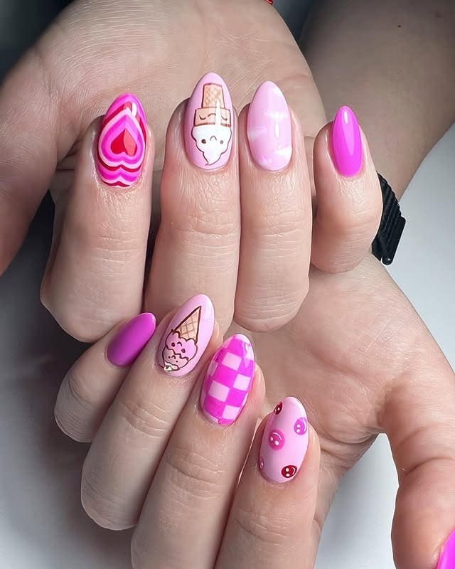 19. Pink Pop Art Ice Cream Almond Nails - ice cream nail ideas