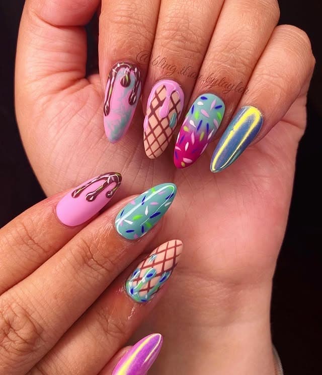 22. Pastel Ice Cream Stiletto Nails with Waffle Cone Art - ice cream nail ideas
