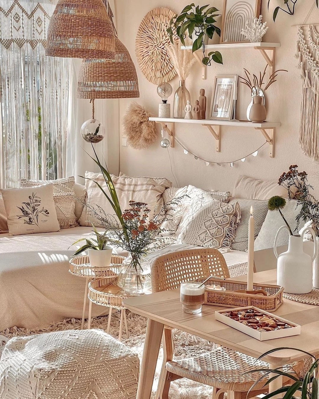 5. Light-Filled Boho Living Room in Sand and Ivory - boho living room ideas