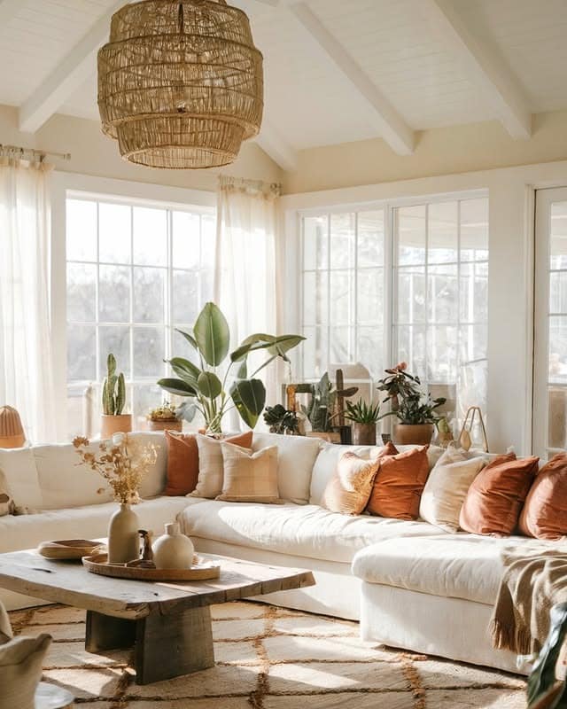7. Sunlit Boho Living Room in White and Terracotta - boho living room ideas