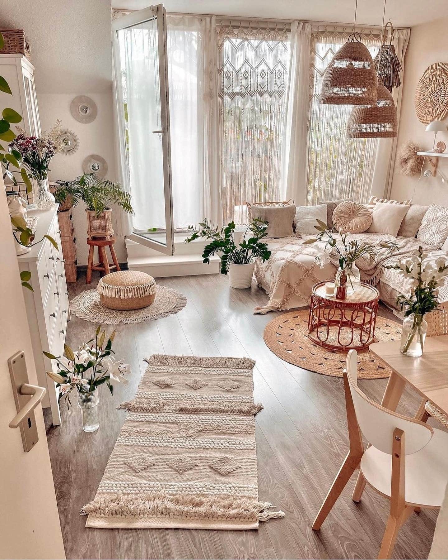 8. Cozy Apartment Boho Living Room in Beige and Natural Textures - boho living room ideas