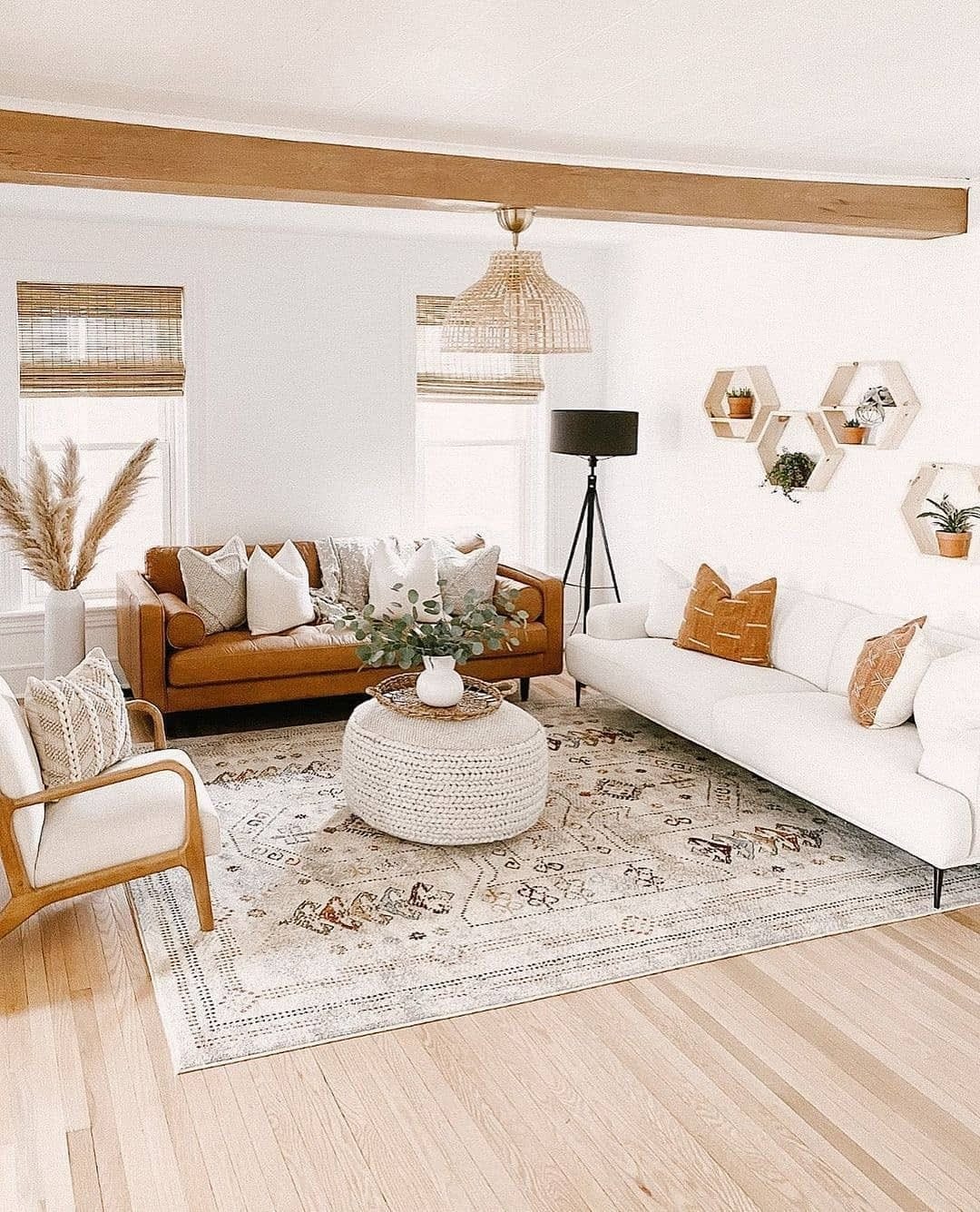 10. Contemporary Boho Living Room in Cream and Camel - boho living room ideas