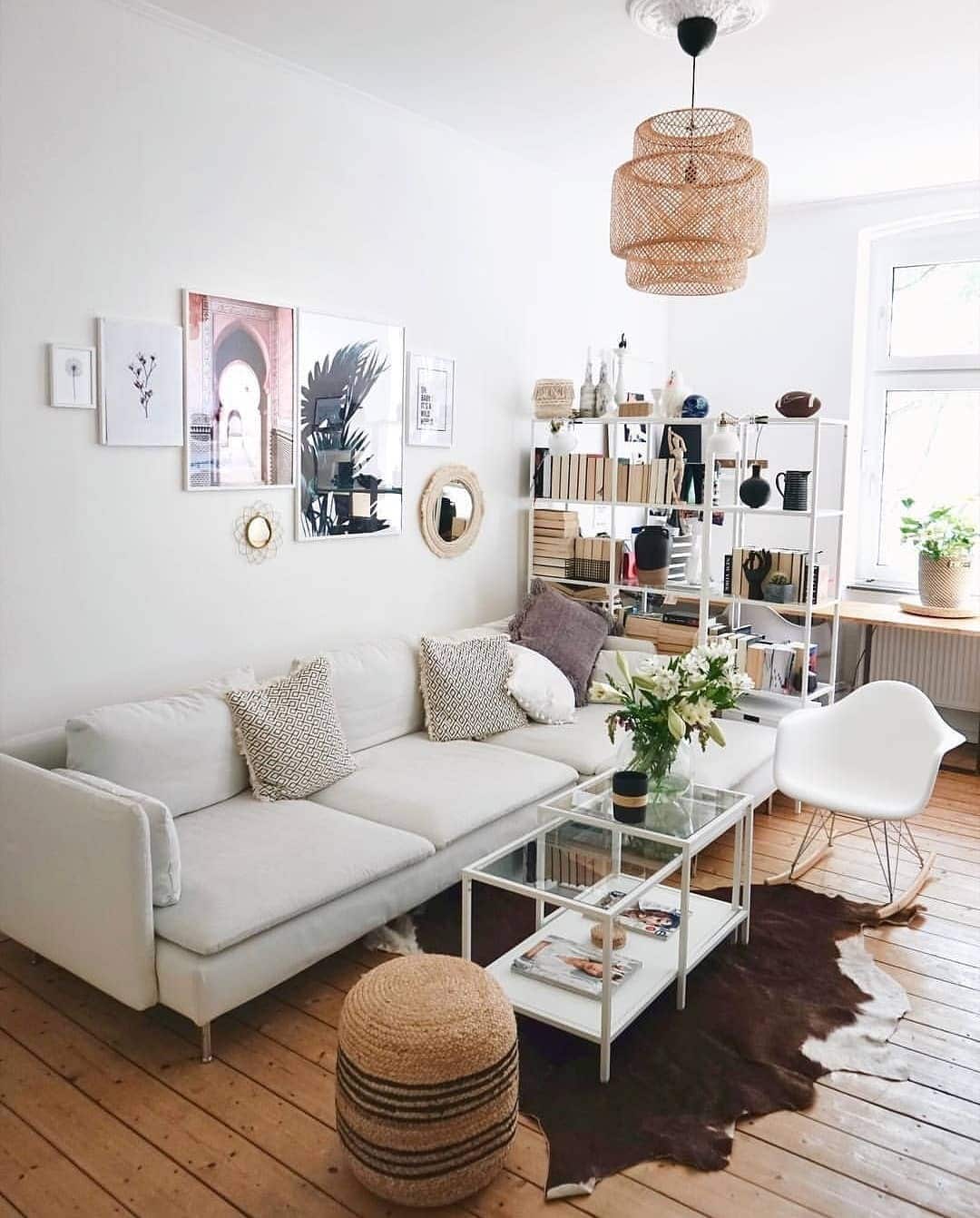 13. Scandinavian Boho Living Room in White and Natural Oak - boho living room ideas