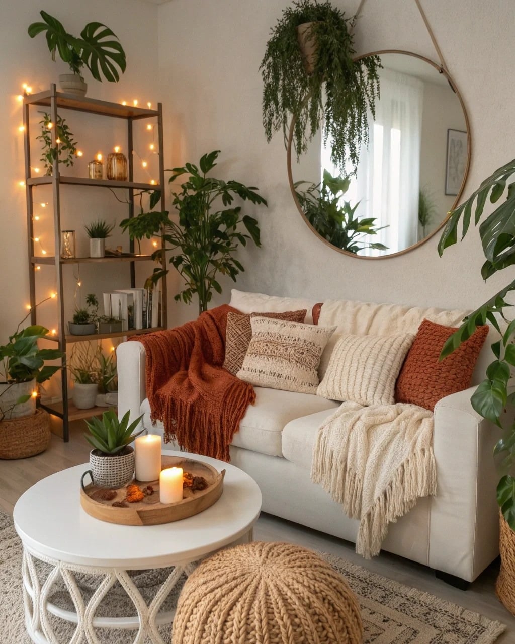 14. Earthy Boho Living Room in Rust and Cream - boho living room ideas