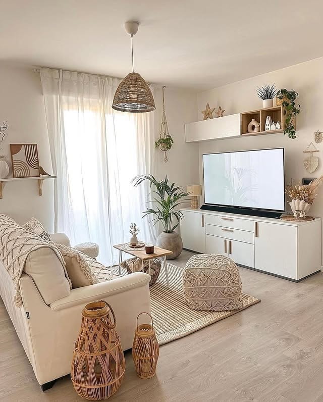 15. Soft Minimal Boho Living Room in Beige and Light Wood - boho living room ideas