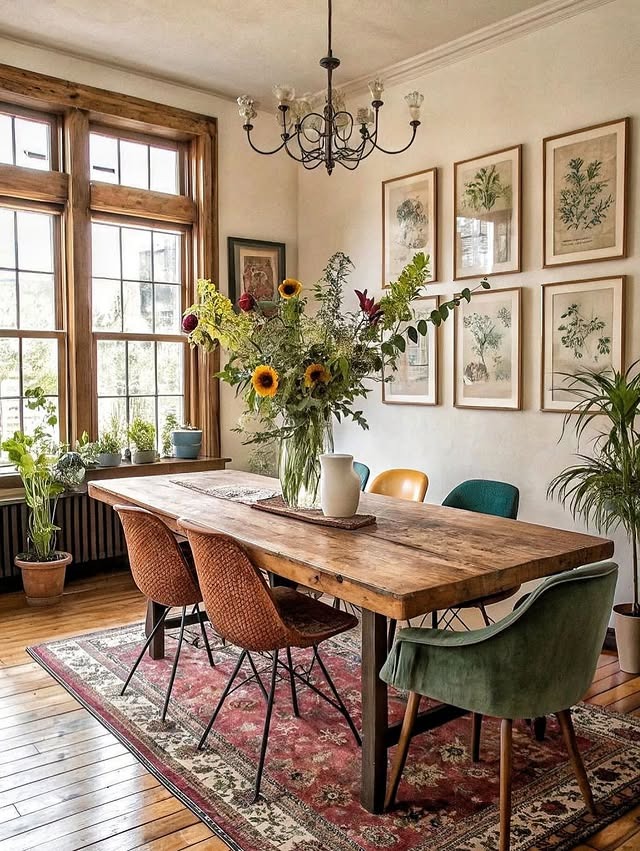 18. Rustic Boho Dining and Living Space in Wood and Botanical Green - boho living room ideas