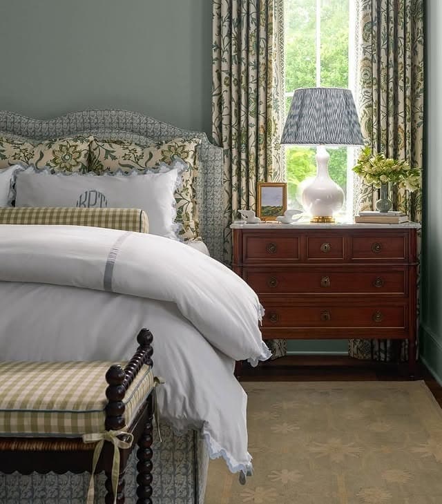 4. Sage Green & Walnut Garden-Inspired Bedroom - sunroom bedroom ideas