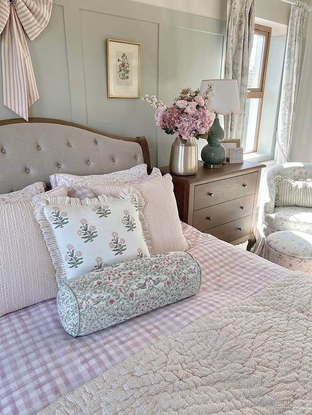 10. Pastel Green & Floral Grandmillennial Bedroom - sunroom bedroom ideas