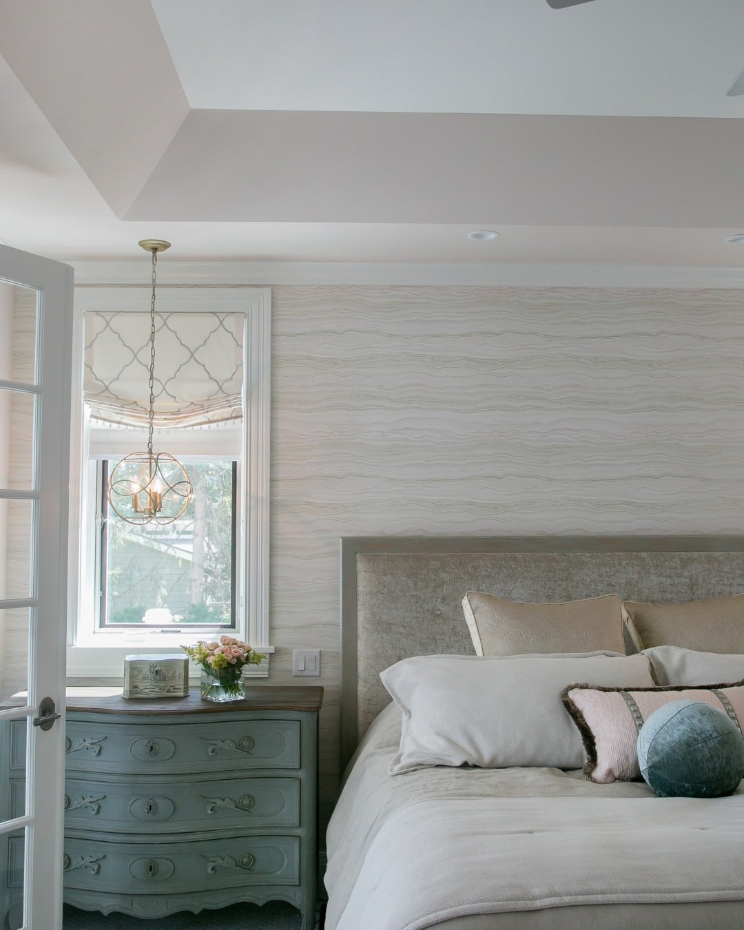 17. Pale Greige & Soft Sage Transitional Bedroom - sunroom bedroom ideas