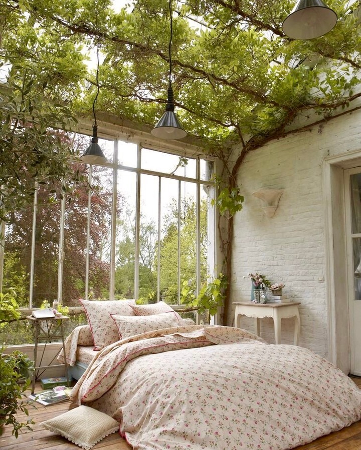 22. Garden Green & Soft Floral Indoor-Outdoor Sunroom Bedroom - sunroom bedroom ideas