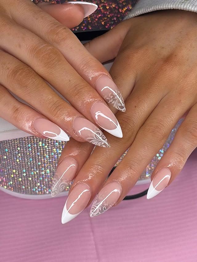 4. Classic White Lace French Almond Nails - lace nail ideas