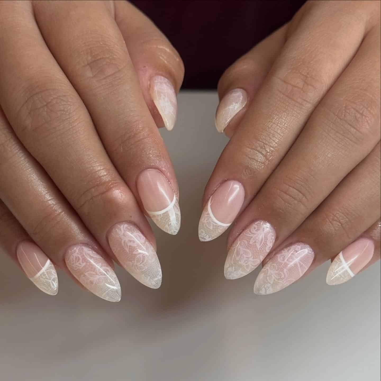 5. Blush Ombre Almond Nails with White Lace Overlay - lace nail ideas