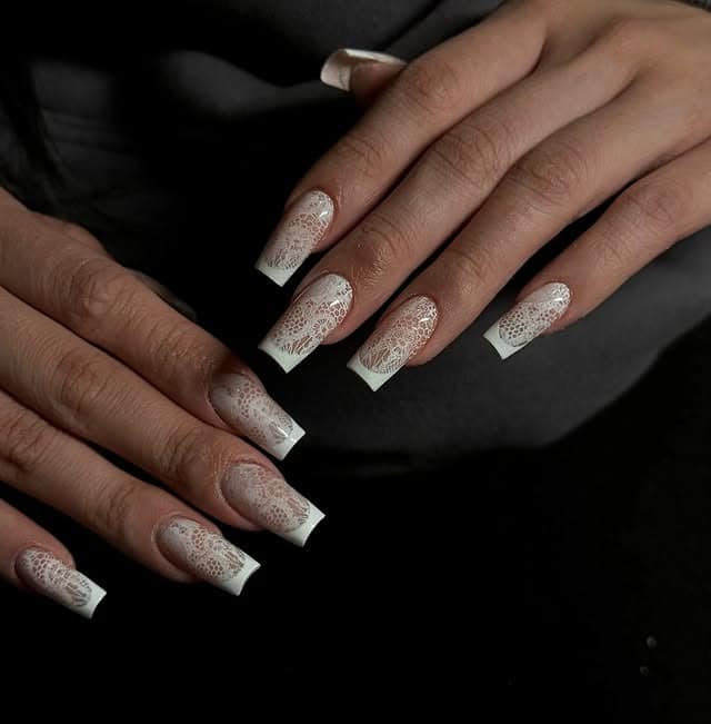 7. Square White Lace French Nails - lace nail ideas