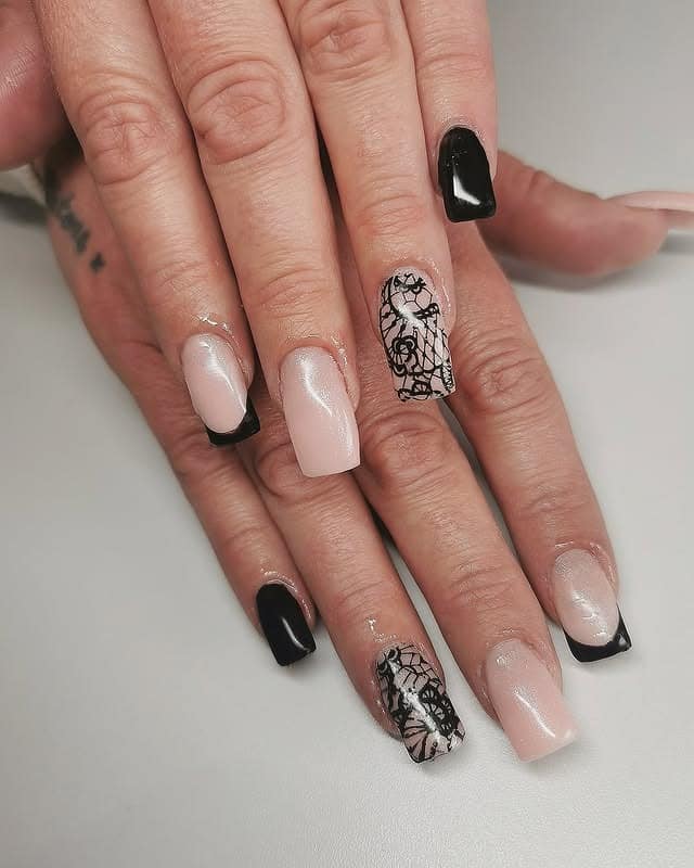 11. Black French Square Nails with Lace Accent - lace nail ideas
