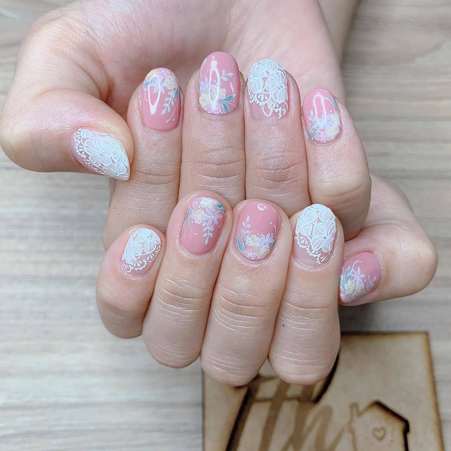 12. Dusty Rose Short Nails with White Floral Lace - lace nail ideas