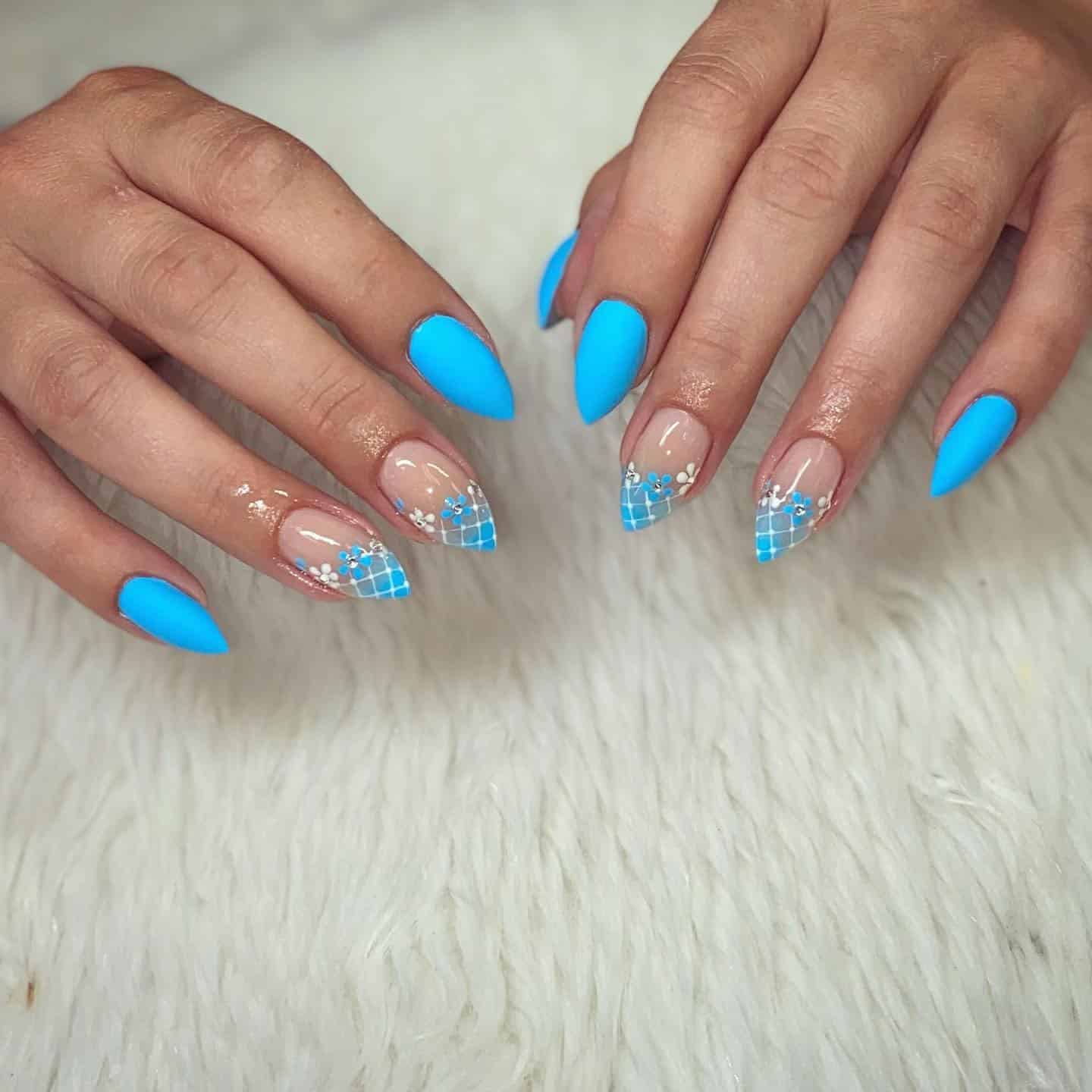 13. Turquoise Almond Nails with Lace Grid French Tips - lace nail ideas