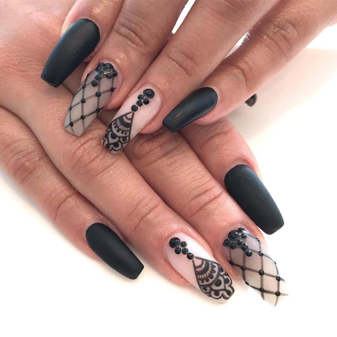 14. Matte Black Coffin Nails with 3D Lace and Studs - lace nail ideas