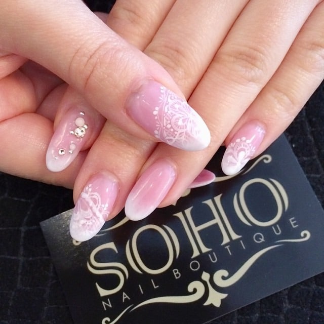18. Blush Pink Ombre Almond Nails with White Lace - lace nail ideas