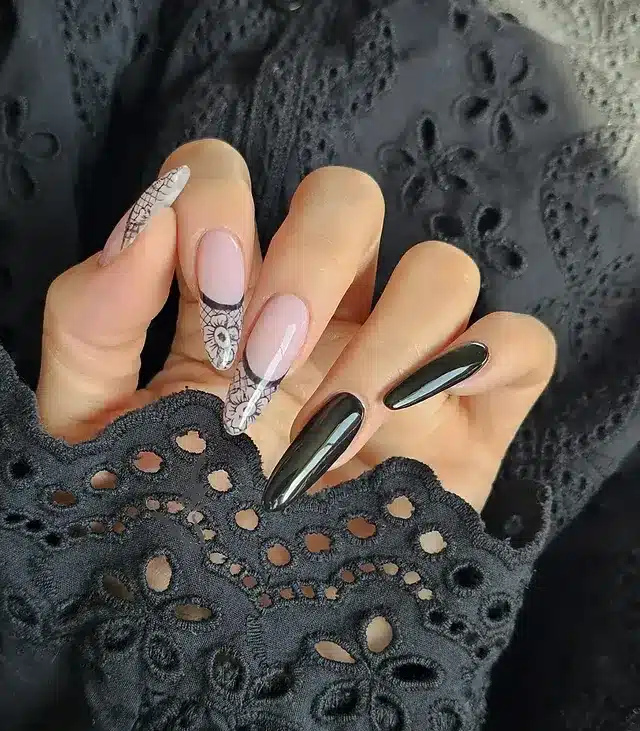 19. Black and Nude Almond Nails with Lace Accent - lace nail ideas