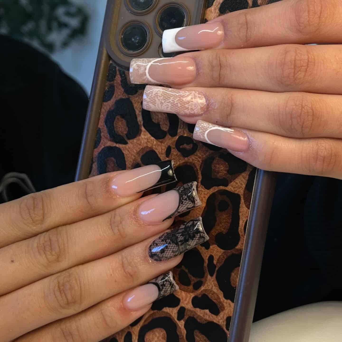20. Long Square Nude Nails with White and Black Lace Mix - lace nail ideas