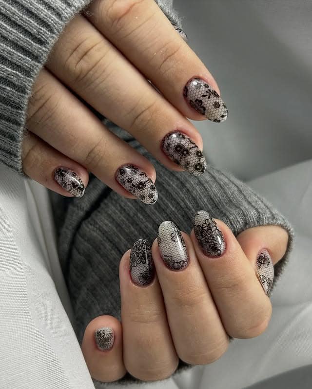 22. Smoky Ombre Almond Nails with Black Lace Overlay - lace nail ideas