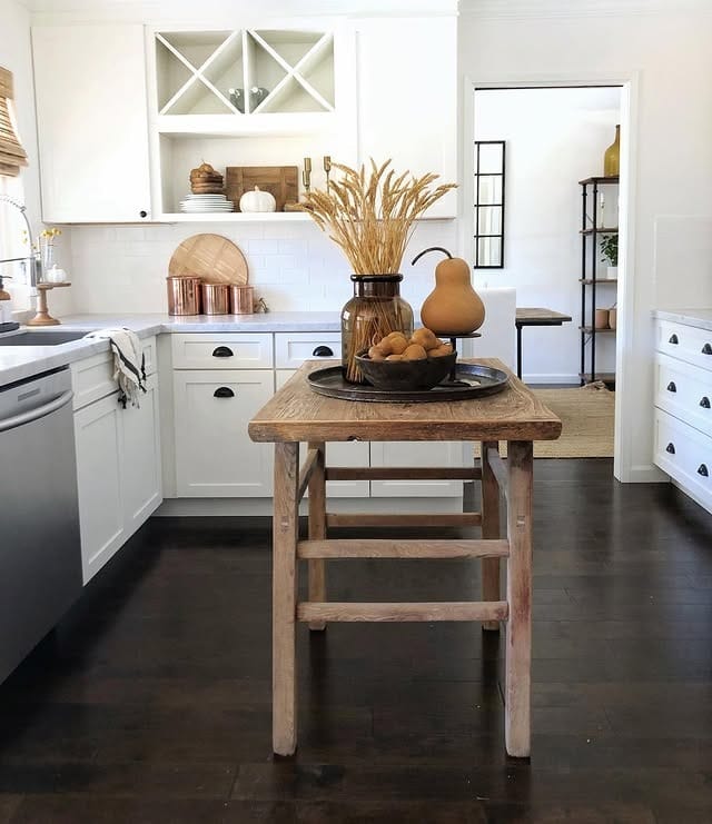 13. White and Wood Kitchen with Rustic Harvest Centerpiece - fall kitchen decor ideas