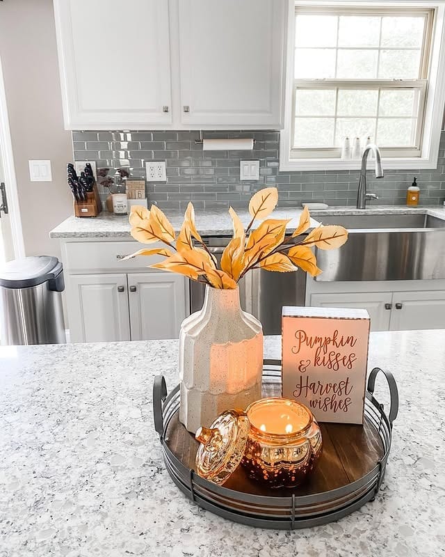 16. Light Gray and White Kitchen with Pumpkin Spice Tray Styling - fall kitchen decor ideas