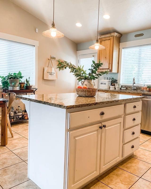 18. Warm Neutral Kitchen with Granite Island and Natural Greenery - fall kitchen decor ideas