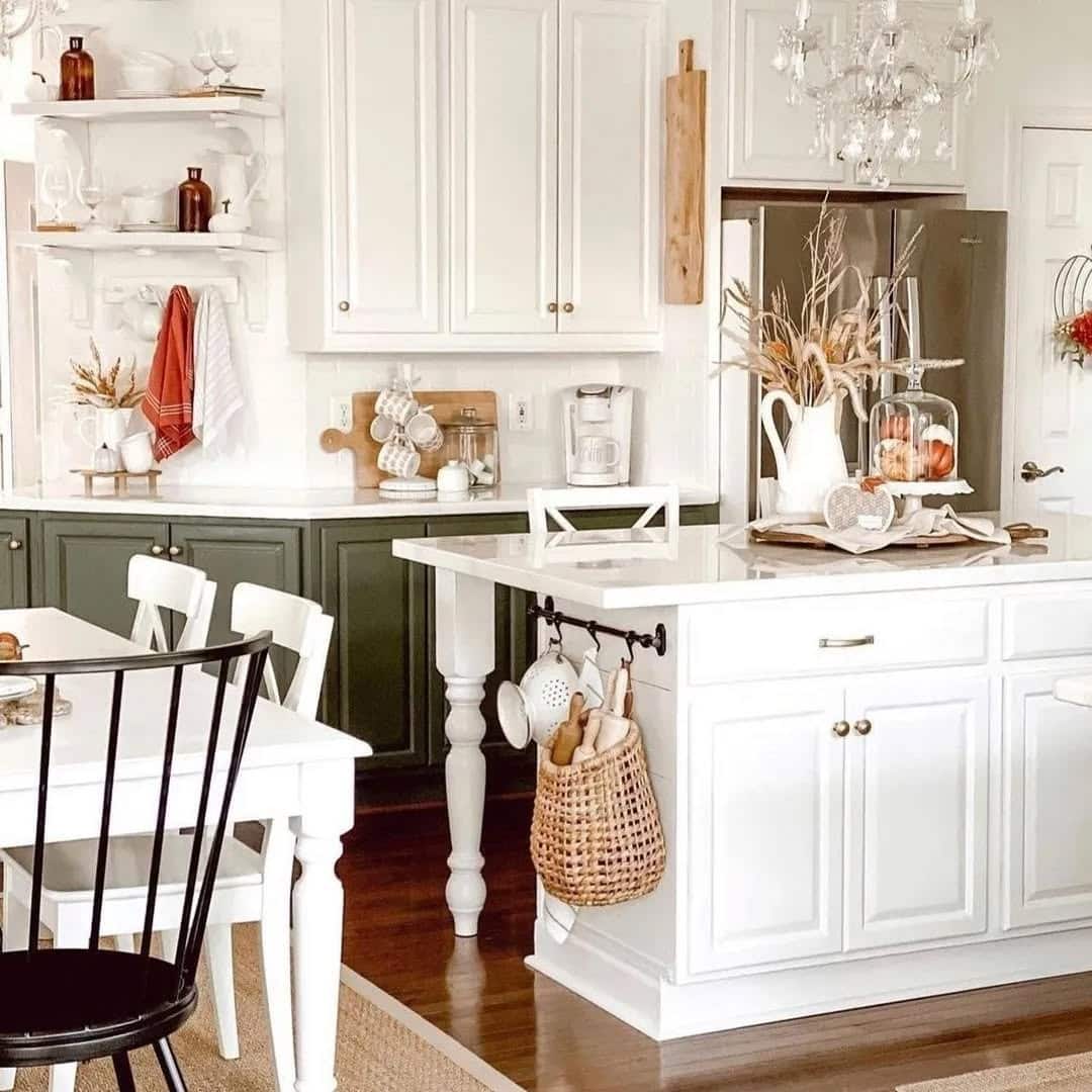 19. White and Olive Two-Tone Kitchen with Rustic Fall Vignette - fall kitchen decor ideas