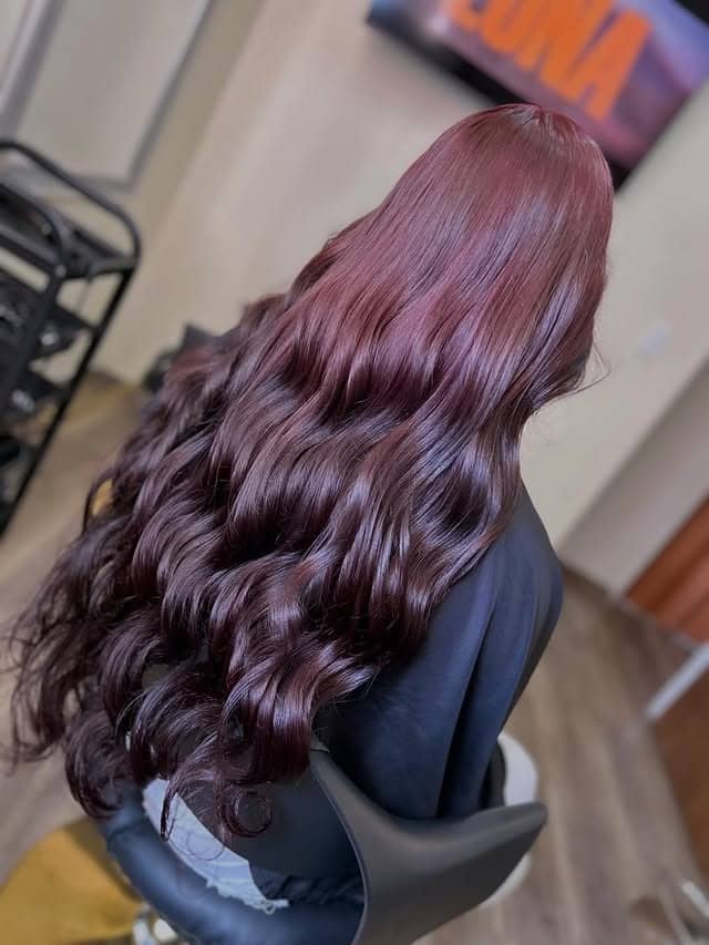 4. Dark Cherry Brown with Long Hollywood Waves - Cherry Brown Hair Color
