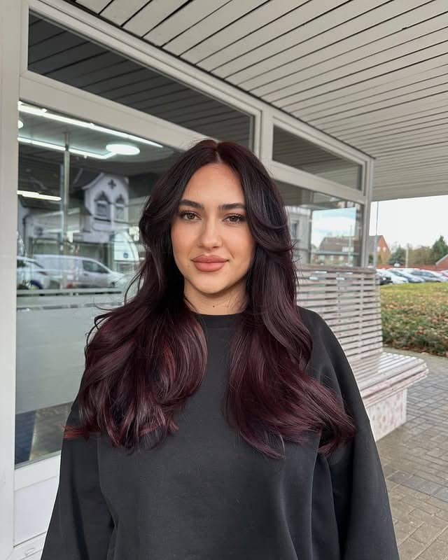 6. Black Cherry Brown with Curtain Layers - Cherry Brown Hair Color