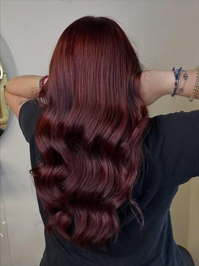 13. Classic Burgundy Cherry Brown with Glam Waves - Cherry Brown Hair Color