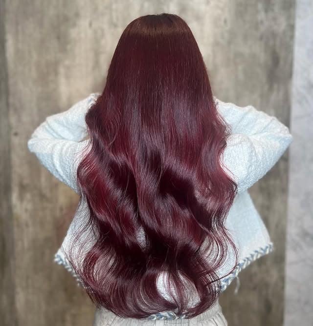 17. Long Cherry Wine Brown with Cascading Waves - Cherry Brown Hair Color