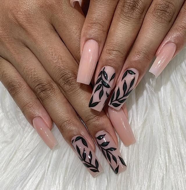 2. Nude Coffin Nails with Black Leaf Vine Art - leaves nail ideas