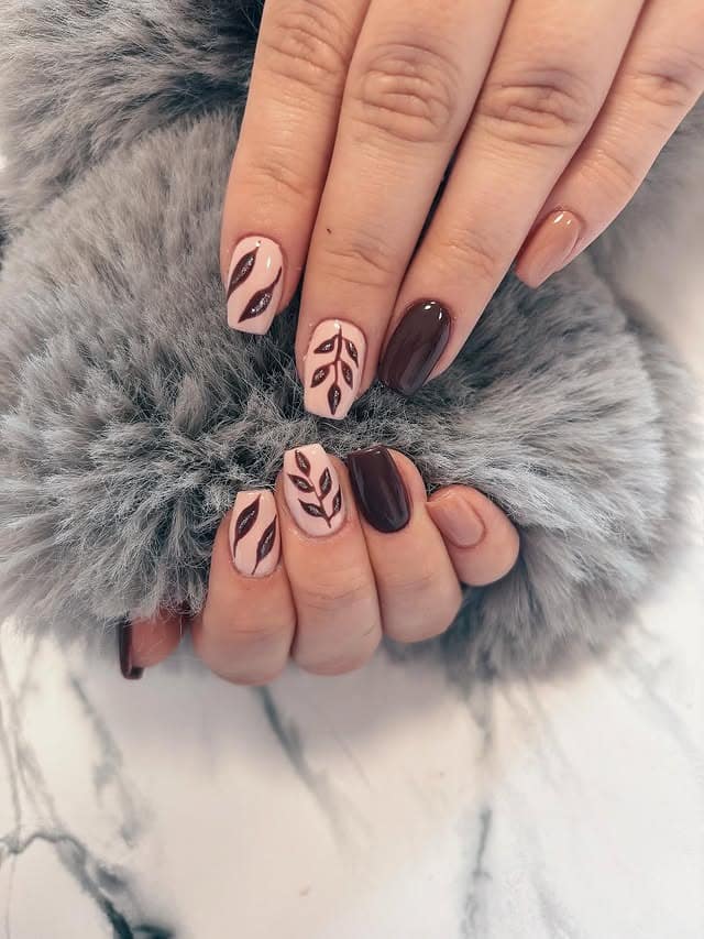 3. Mocha and Blush Nails with Simple Leaf Pattern - leaves nail ideas