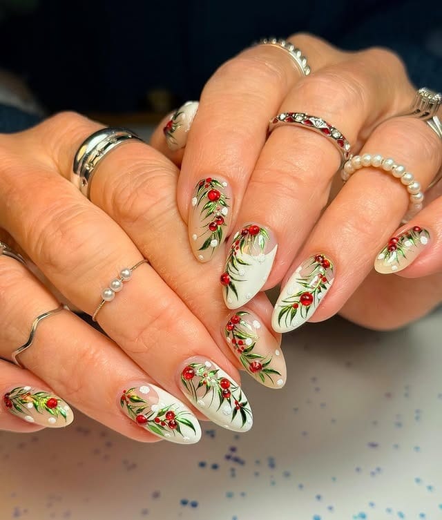 5. Frosted White Nails with Holiday Berry and Leaf Art - leaves nail ideas