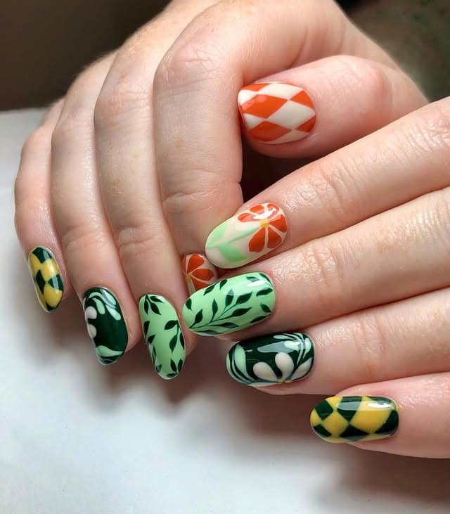 7. Green Botanical Mix Nails with Leaf Art and Graphic Patterns - leaves nail ideas