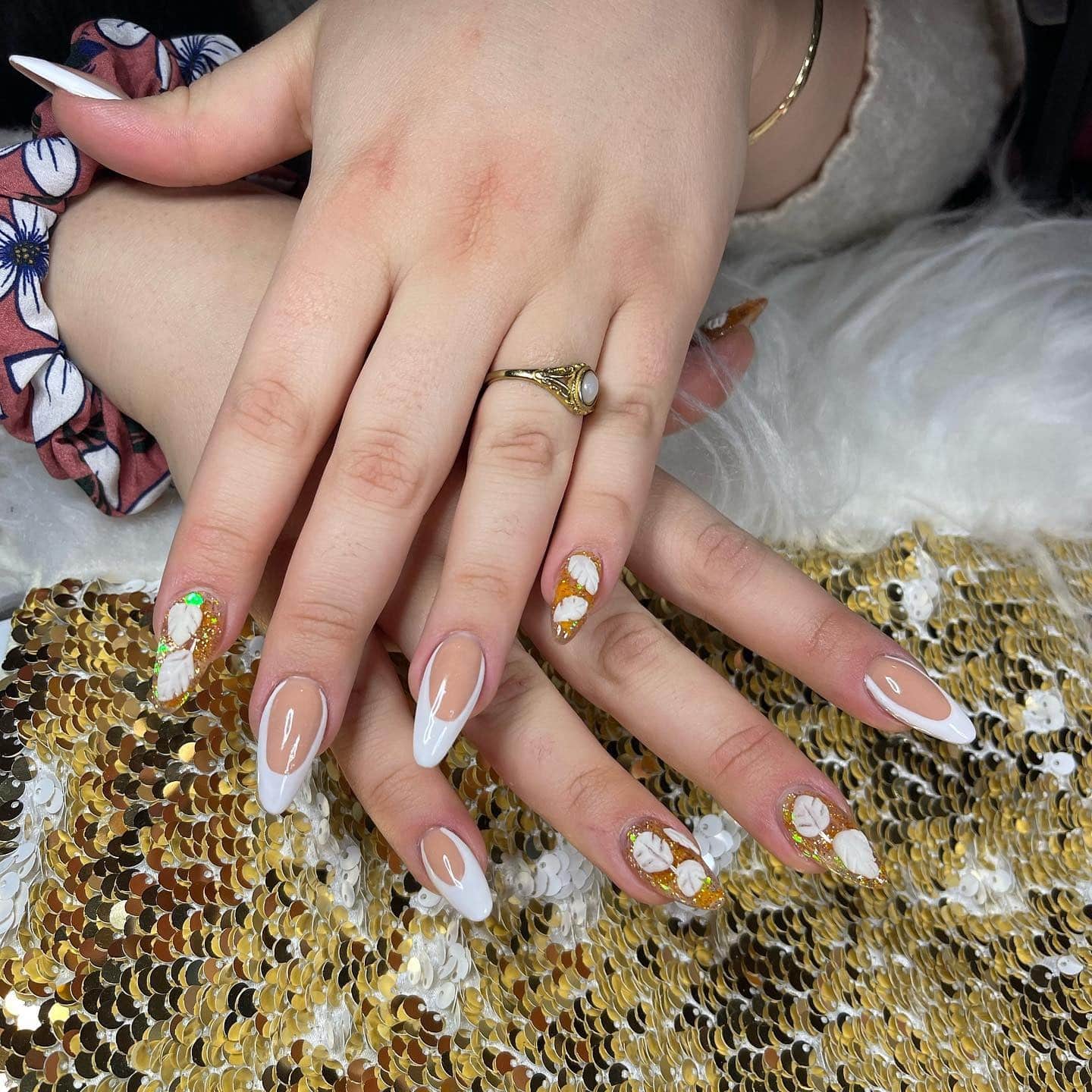 10. Nude and White French Nails with Gold Leaf and Glitter Accent - leaves nail ideas