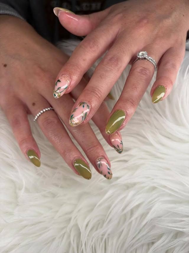 12. Olive Green Almond Nails with Delicate Leaf Accent Art - leaves nail ideas