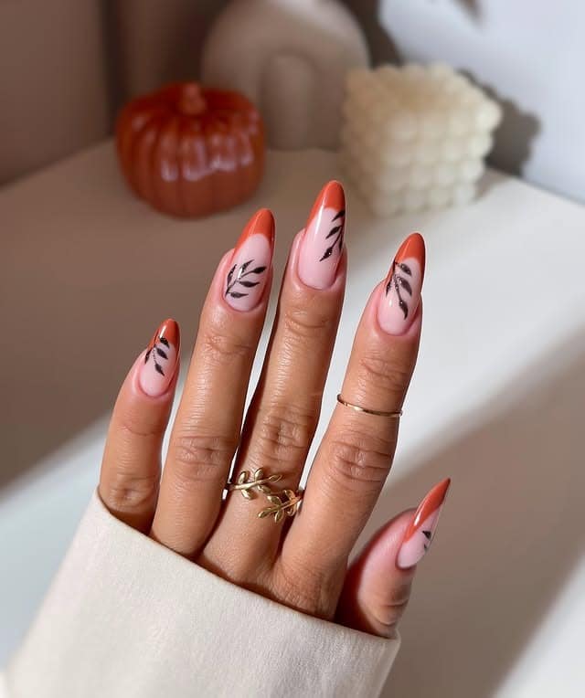 16. Peach French Almond Nails with Minimal Leaf Branch Design - leaves nail ideas