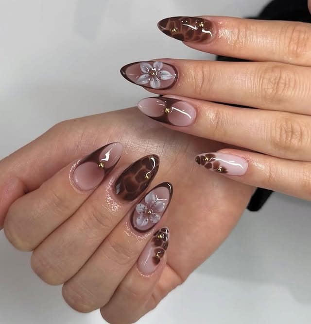19. Mocha Brown Almond Nails with Floral and Leaf Art - leaves nail ideas