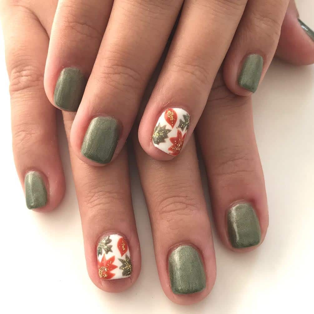 22. Sage Green Short Square Nails with Autumn Leaf Accent - leaves nail ideas