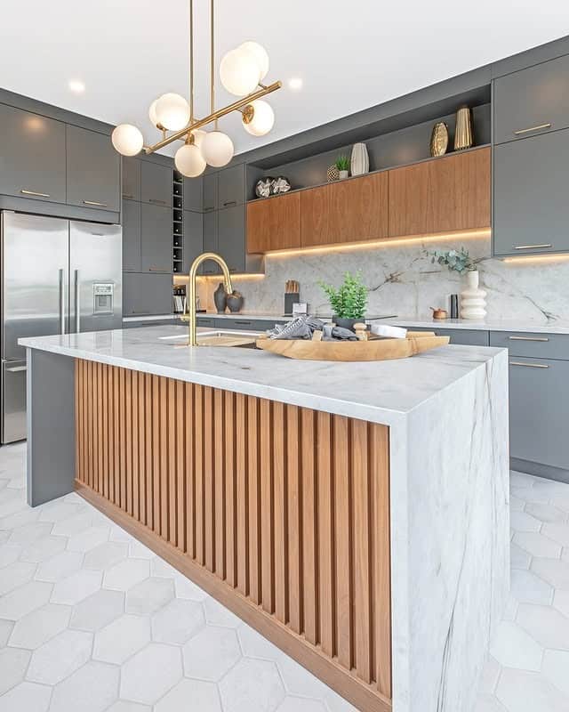 1. Warm Wood Slat Island with Soft Gray Cabinetry - modern kitchen ideas