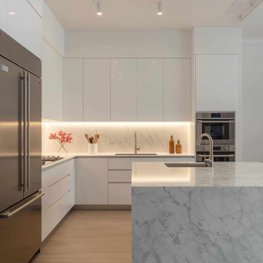 2. Minimal White Kitchen with Marble Waterfall Island - modern kitchen ideas
