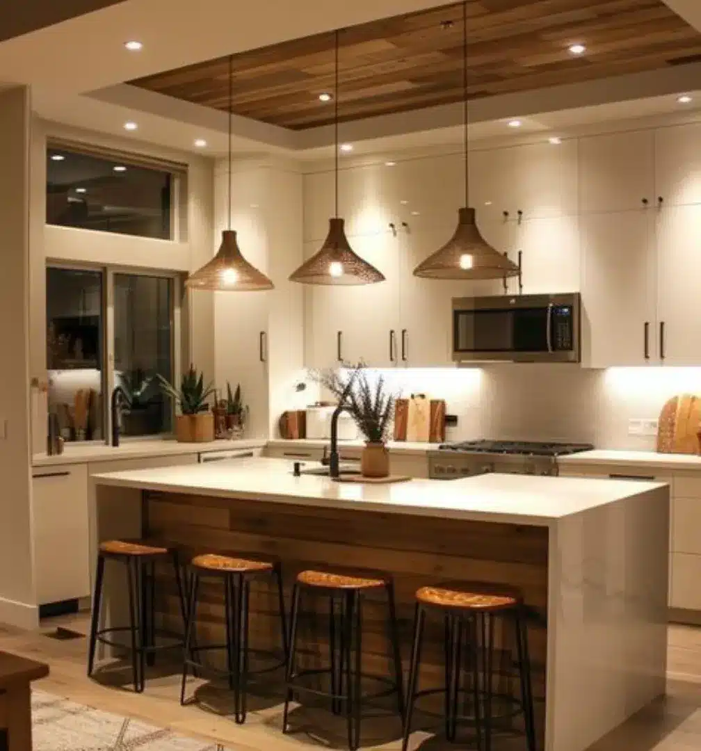 4. Rustic Contemporary Kitchen with Wood Accent Ceiling - modern kitchen ideas