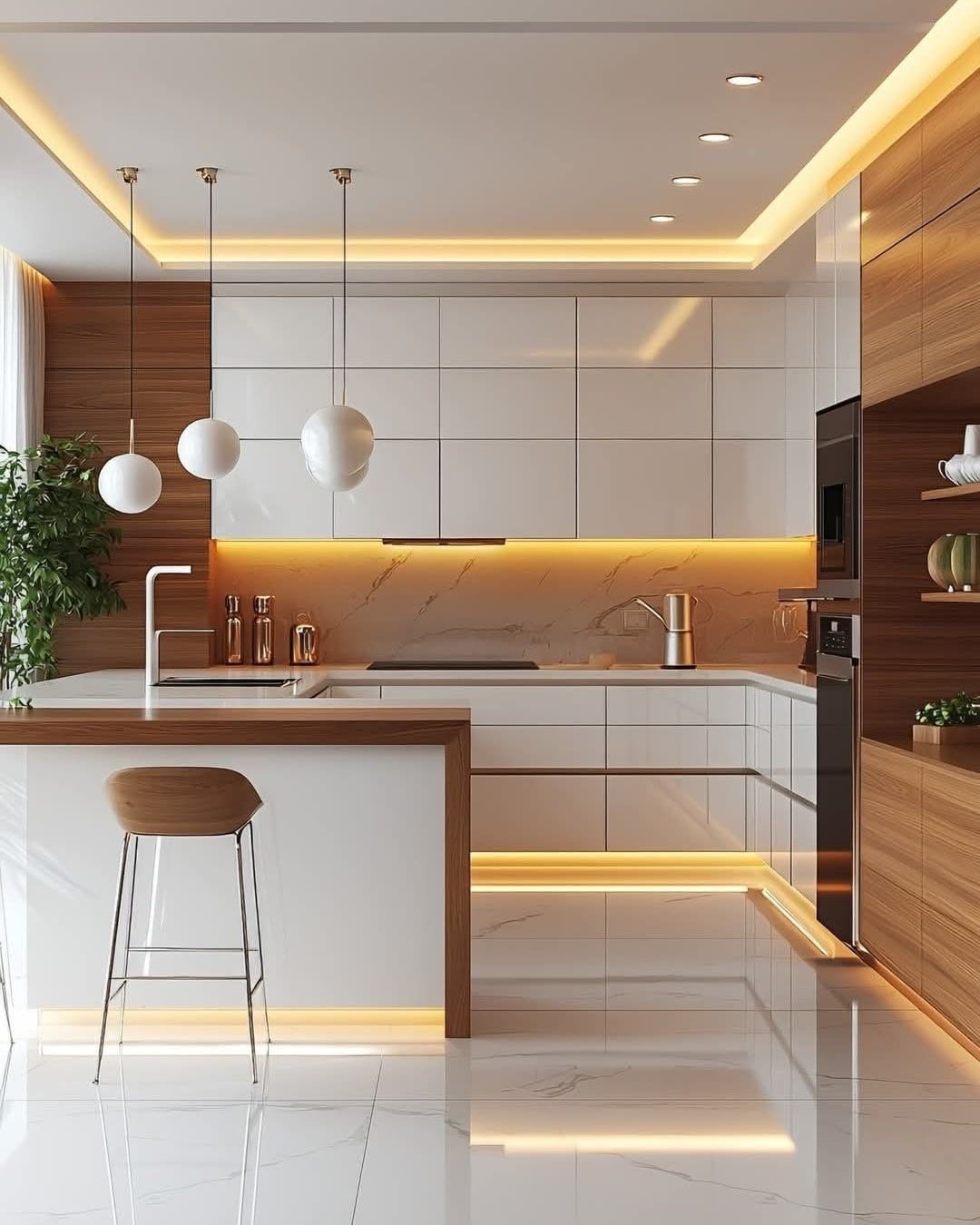 7. White and Walnut Kitchen with Ambient LED Accents - modern kitchen ideas