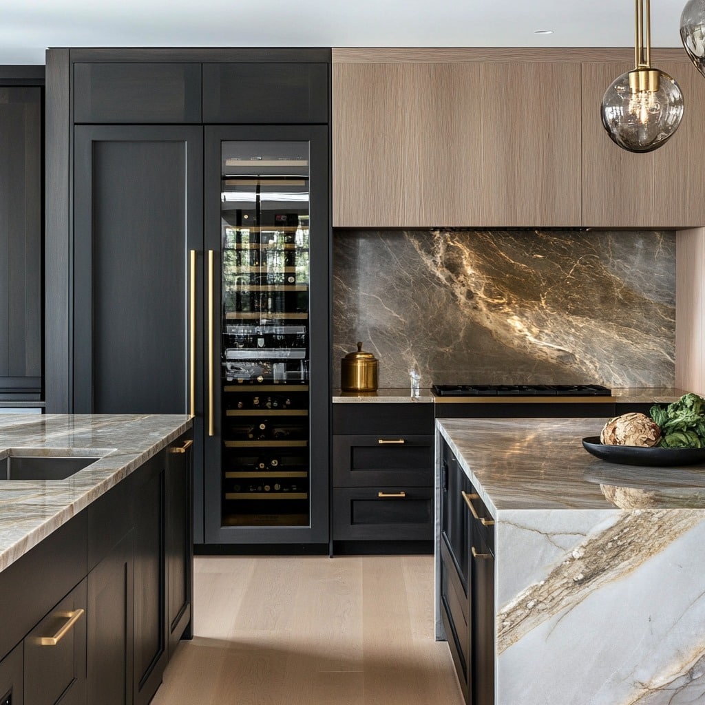 9. Modern Luxe Kitchen with Black Cabinetry and Stone Backsplash - modern kitchen ideas