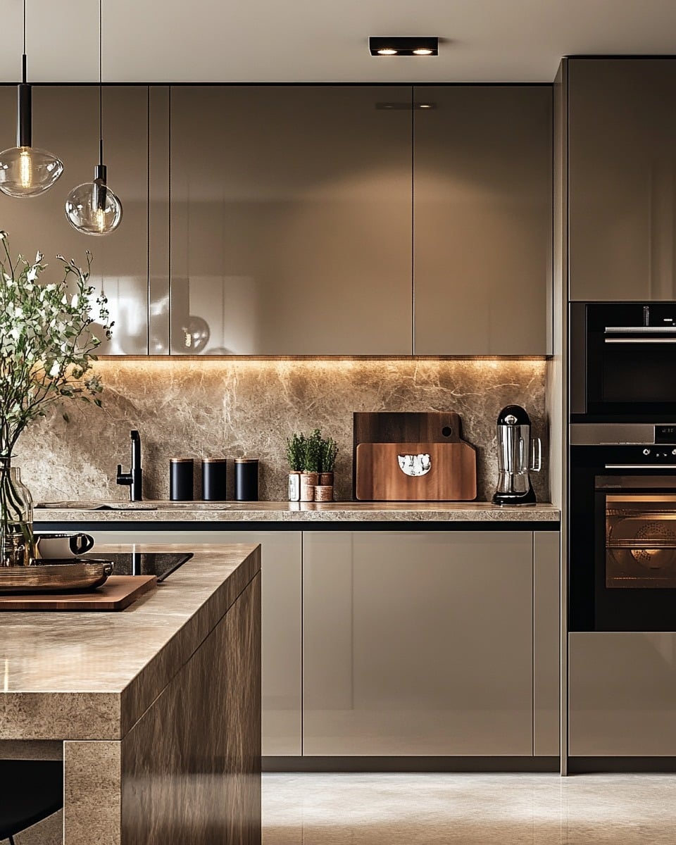 11. Taupe Gloss Kitchen with Stone Backsplash Lighting - modern kitchen ideas