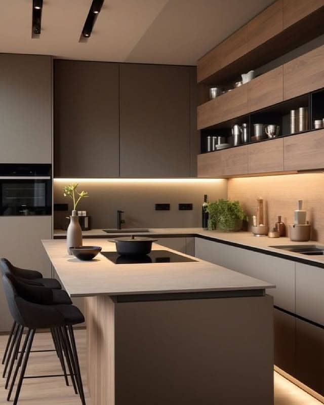 15. Warm Minimalist Kitchen with Floating Wood Shelves - modern kitchen ideas